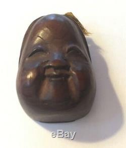 Finely Carved Antique Wooden Japanese Netsuke Mask Okame (Otafuku) Mennetsuke