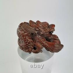 Finely Carved Wood Japanese Netsuke Of A Dragon Signed
