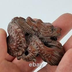 Finely Carved Wood Japanese Netsuke Of A Dragon Signed