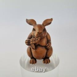 Finely Carved Wood Japanese Netsuke Of A Rabbit Eating A Leaf Signed