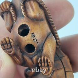 Finely Carved Wood Japanese Netsuke Of A Rat Pulling Along A Tortoise Signed