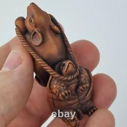 Finely Carved Wood Japanese Netsuke Of A Rat Pulling Along A Tortoise Signed