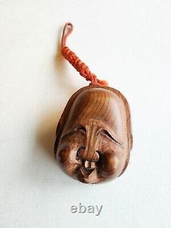 Finely Hand Carved Antique Wooden Japanese Mennetsuke Netsuke Mask Okame Noh