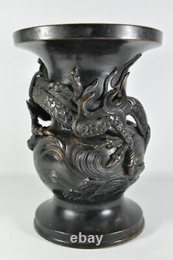 HEAVY Antique Fine Japanese Meiji Period Dragon Pearl in Relief Bronze Vase