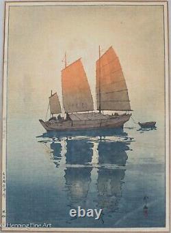 Hiroshi Yoshida Sailing Boats Morning Japanese Woodblock, Fine & Framed