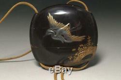INR17 FINE Japanese Antique wooden Inro black lacquer egret Gold makie ojime