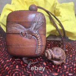 INRO DRAGONFLY Relief with Netsuke Japanese Antique old Wood Carving Fine Art