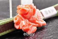 Japanese Antique Coral (1.26in 75ct) Camellia OBIDOME with certificate and Box