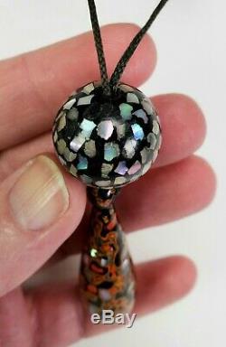 Japanese Antique Mokume Lacquer Abalone Shell Inlay Bead Necklace Ojime