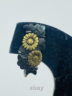 Japanese Antique Sterling Silver Mixed Metal Flower Shakudo Screw Back Earrings