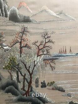 Japanese / Chinese Antique Silk & Embroidery Panel Framed & Glazed Fine Detail