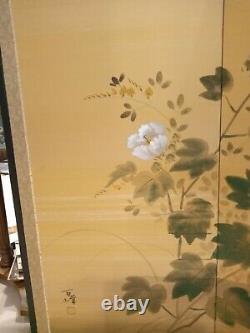 Japanese Fine Antique Green & Gold BIRD & FLOWERS Handpainted Screen panels