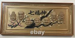 Japanese Fine Antique Seven Lucky Gods Sculptural Wall Plaque Wall Art Decor