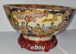 Japanese Fine Meiji Satsuma Musicians in the Garden Bowl withWood Stand