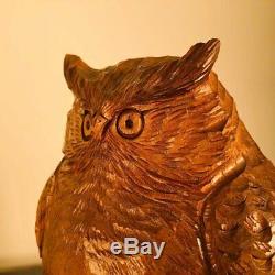 Japanese Large Hand Carved Peering Owl, Fine Midcentury Work of Art, Signed