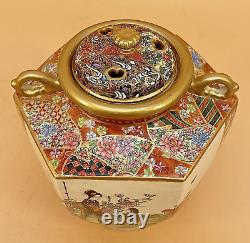 Japanese Meiji Satsuma Incense Burner With Handles & Fine Decorations Signed Hozan