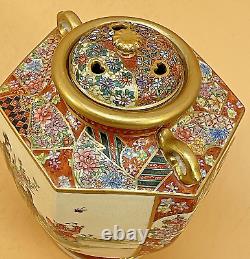 Japanese Meiji Satsuma Incense Burner With Handles & Fine Decorations Signed Hozan