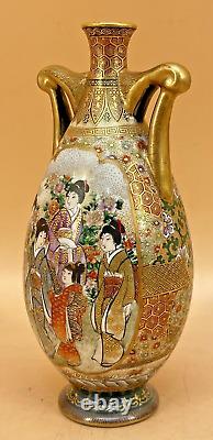 Japanese Meiji Satsuma Vase With Handles & Fine Decorations By Kinkozan