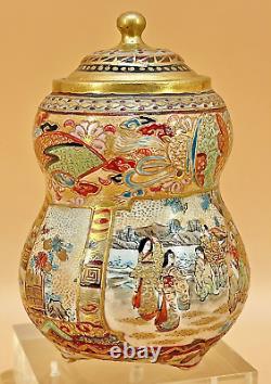 Japanese Meiji Tripod Satsuma Jar With Fine Decorations, Signed