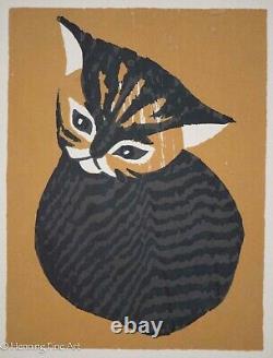 Kaoru Kawano Woodblock Kitten Vintage Mid Century Japanese Print, Framed & FINE