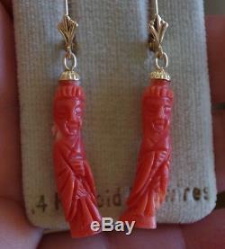 Kwan Yin Antique Red Momo Coral Carved Japanese Large Lever Back Earrings