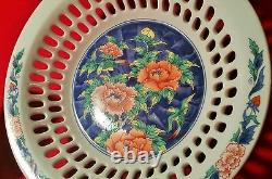 LATTICE BOWL antique japanese reticulated fine porcelain art pottery bird flower