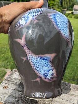 Large 11H Fine Japanese Imari MAKUZU KOZAN Porcelain Dragon-Fishes Vase