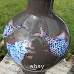 Large 11H Fine Japanese Imari MAKUZU KOZAN Porcelain Dragon-Fishes Vase