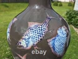 Large 11H Fine Japanese Imari MAKUZU KOZAN Porcelain Dragon-Fishes Vase