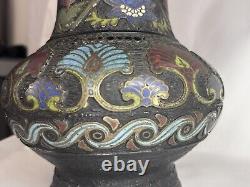 Large Fine Antique Bronze Japanese Cloissone Champleve Enamel LampDragon Floral