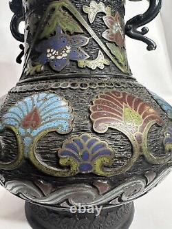 Large Fine Antique Bronze Japanese Cloissone Champleve Enamel LampDragon Floral