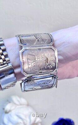 Lovely Antique/Vintage Japanese Sterling Silver Engraved Scenic Panel Bracelet