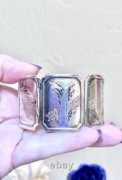 Lovely Antique/Vintage Japanese Sterling Silver Engraved Scenic Panel Bracelet