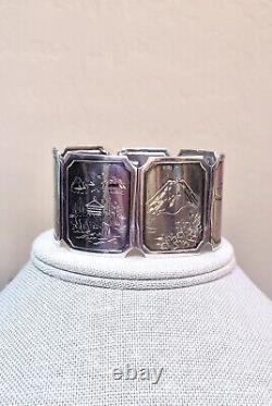 Lovely Antique/Vintage Japanese Sterling Silver Engraved Scenic Panel Bracelet