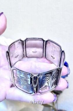 Lovely Antique/Vintage Japanese Sterling Silver Engraved Scenic Panel Bracelet