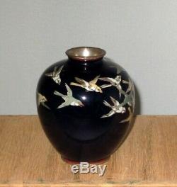 Lovely Very Fine Japanese Cloisonne Silver Wire Enamel Vase with Circling Sparrows