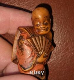 Meiji Period fine carved wooden netsuke of an imperial fan dancer lacquered