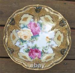 NIPPON JAPANESE fine CHINA LARGE ROSE'S FLORAL GOLD GILTED BOWL