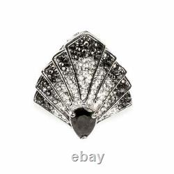 Old Japanese Art Deco Vintage Style Black Onyx & CZ Fan-Shaped 925 Silver Ring