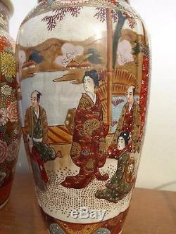 Pair Antique Japanese Satsuma Kyoto Katuni Vase Fine Hand Painted Top Quality