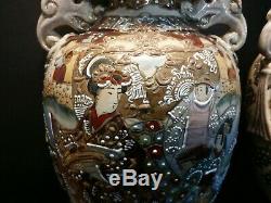 Pair Antique Japanese Satsuma Moriage Porcelain Vase Fine Detailed Hand Painted