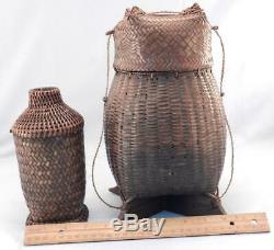 Pair Extremely Fine Hand Woven Antique Japanese Ikebana Bamboo BasketsVessels