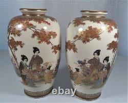 Pair Super Fine Japanese Meiji Period Signed Satsuma Vases with Figures