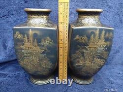 Pair of Antique Japanese Satsuma Vases & Stands Gold Meiji Fine Quality Japan