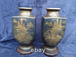 Pair of Antique Japanese Satsuma Vases & Stands Gold Meiji Fine Quality Japan
