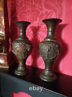 Pair of Fine Antique Japanese Bronze Vases Signed Dai Nippon Murakami Zo Kyoto