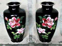Pr. 7.25 Fine Vintage Roses on a Black Ground Japanese Cloisonne Vases c. 1950