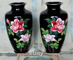 Pr. 7.25 Fine Vintage Roses on a Black Ground Japanese Cloisonne Vases c. 1950