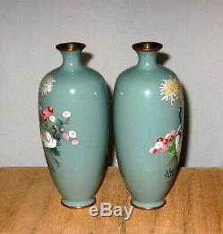 RARE Fine Pair Meiji Period Japanese Silver Wire Cloisonne Enamel Vases -Signed