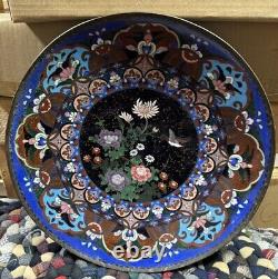 Rare 1800's Fine Antique Japanese Meiji Cloisonné Enamel Floral Bronze Plate 14